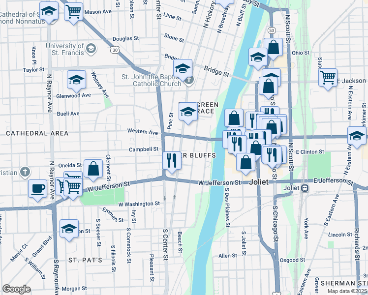 map of restaurants, bars, coffee shops, grocery stores, and more near 221 North Broadway Street in Joliet