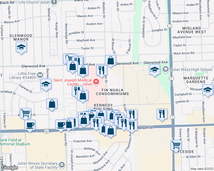 map of restaurants, bars, coffee shops, grocery stores, and more near 222 Madison Street in Joliet