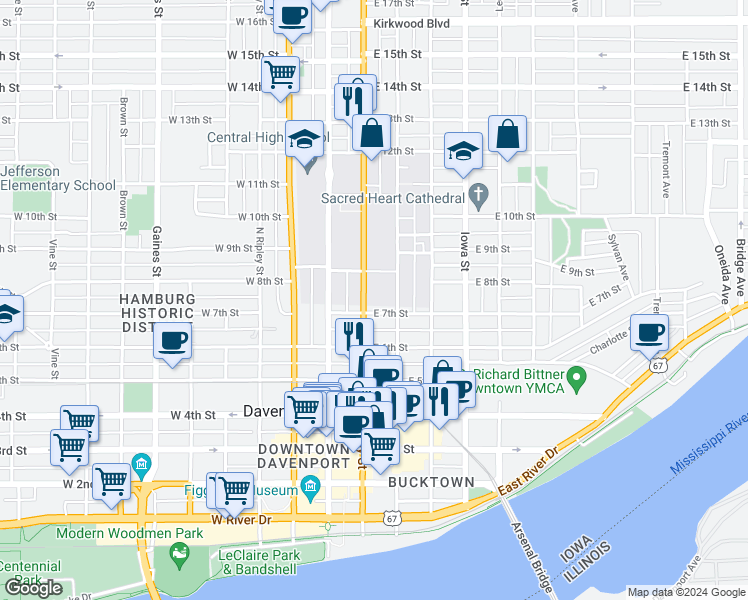 map of restaurants, bars, coffee shops, grocery stores, and more near 728 North Perry Street in Davenport