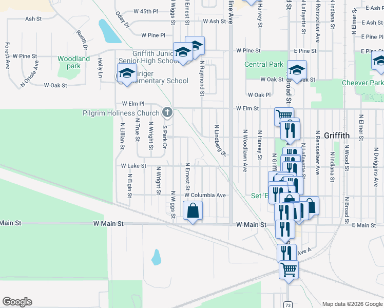 map of restaurants, bars, coffee shops, grocery stores, and more near 324 North Ernest Street in Griffith