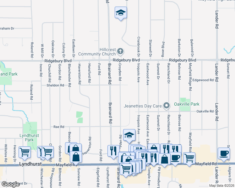 map of restaurants, bars, coffee shops, grocery stores, and more near 1198 Croyden Road in Lyndhurst