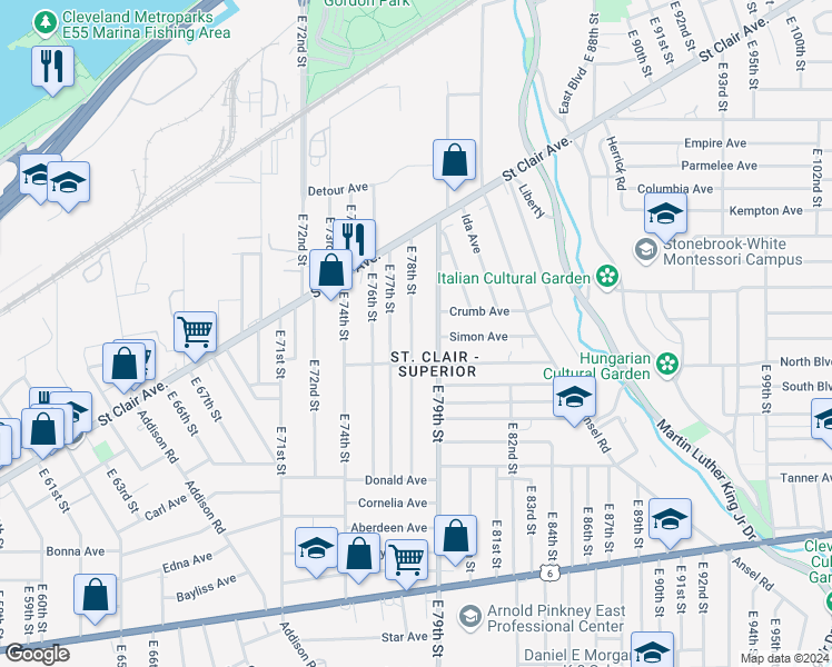 map of restaurants, bars, coffee shops, grocery stores, and more near 1019 East 78th Street in Cleveland