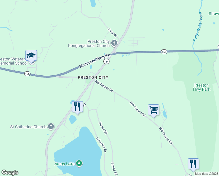 map of restaurants, bars, coffee shops, grocery stores, and more near 13 Northwest Corner Road in Preston