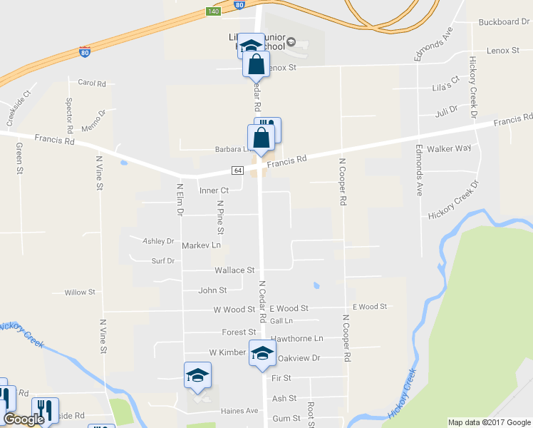 map of restaurants, bars, coffee shops, grocery stores, and more near 1228 North Cedar Road in New Lenox