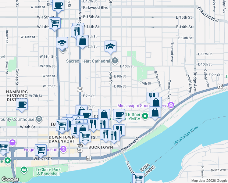 map of restaurants, bars, coffee shops, grocery stores, and more near 721 1/2 Iowa Street in Davenport