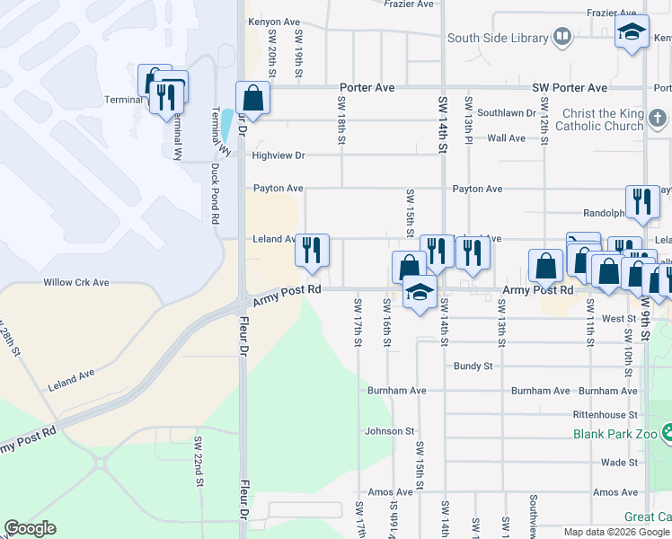 map of restaurants, bars, coffee shops, grocery stores, and more near 1801 Army Post Road in Des Moines