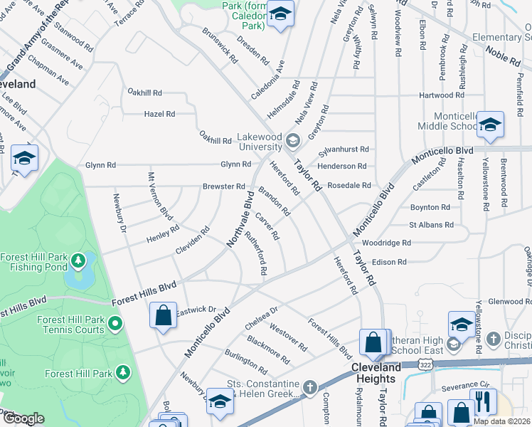 map of restaurants, bars, coffee shops, grocery stores, and more near 1090 Brandon Road in Cleveland Heights