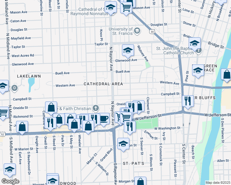 map of restaurants, bars, coffee shops, grocery stores, and more near 252 North Raynor Avenue in Joliet