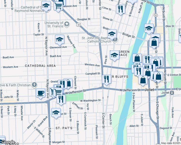 map of restaurants, bars, coffee shops, grocery stores, and more near 250 Nicholson Street in Joliet