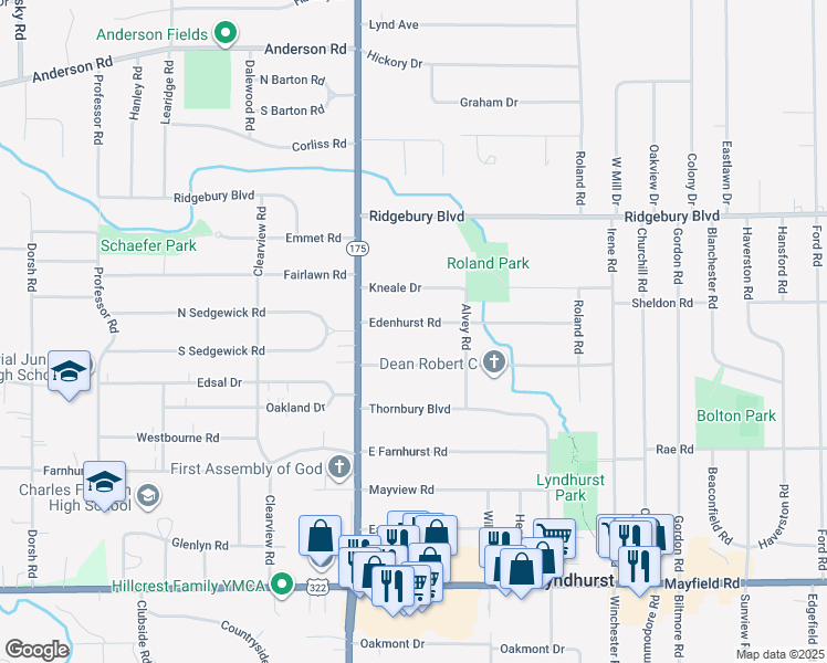 map of restaurants, bars, coffee shops, grocery stores, and more near 5128 Edenhurst Road in Lyndhurst
