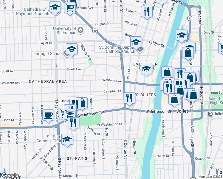 map of restaurants, bars, coffee shops, grocery stores, and more near 419 Campbell Street in Joliet