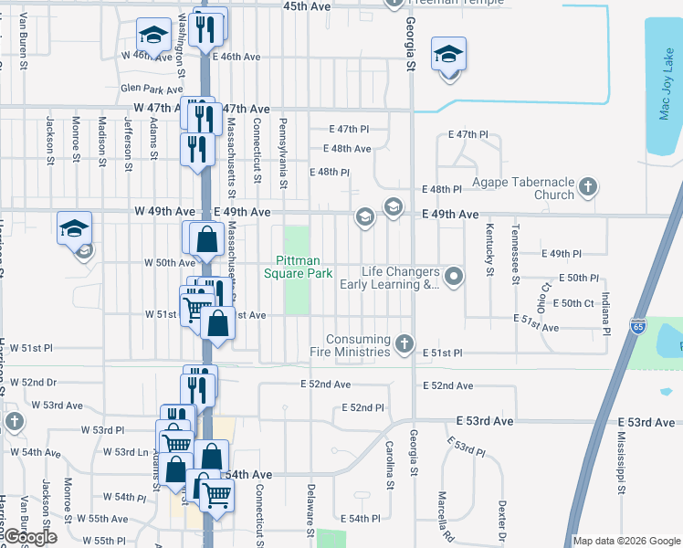 map of restaurants, bars, coffee shops, grocery stores, and more near 5013 Maryland Street in Gary