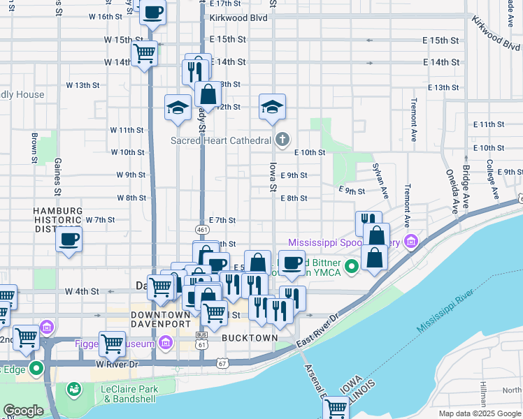 map of restaurants, bars, coffee shops, grocery stores, and more near 318 East 7th Street in Davenport