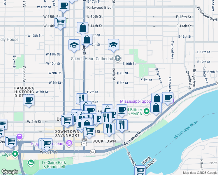 map of restaurants, bars, coffee shops, grocery stores, and more near 318 East 7th Street in Davenport
