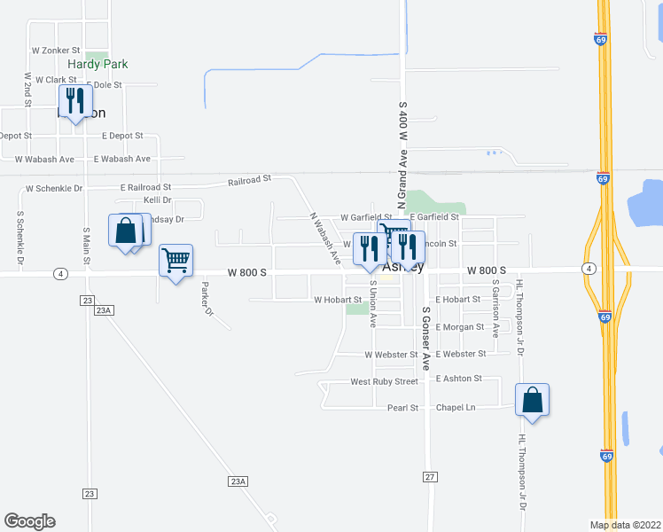 map of restaurants, bars, coffee shops, grocery stores, and more near 301 West State Street in Ashley