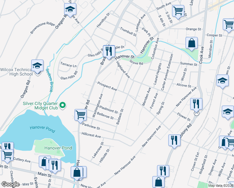 map of restaurants, bars, coffee shops, grocery stores, and more near 77 Prospect Avenue in Meriden