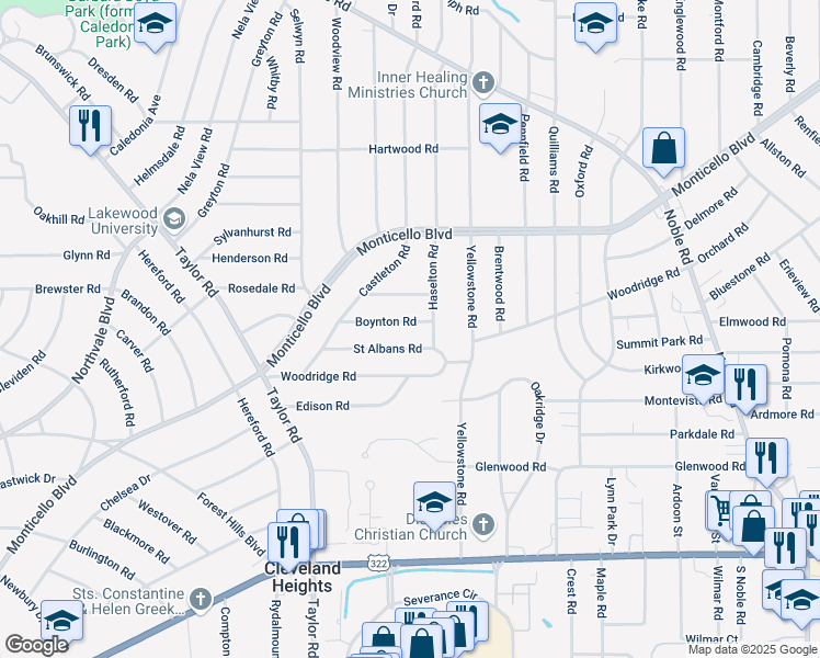 map of restaurants, bars, coffee shops, grocery stores, and more near 3546 Boynton Rd in Cleveland Heights