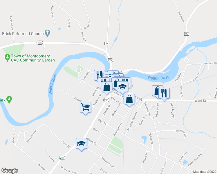 map of restaurants, bars, coffee shops, grocery stores, and more near 84 Clinton Street in Montgomery