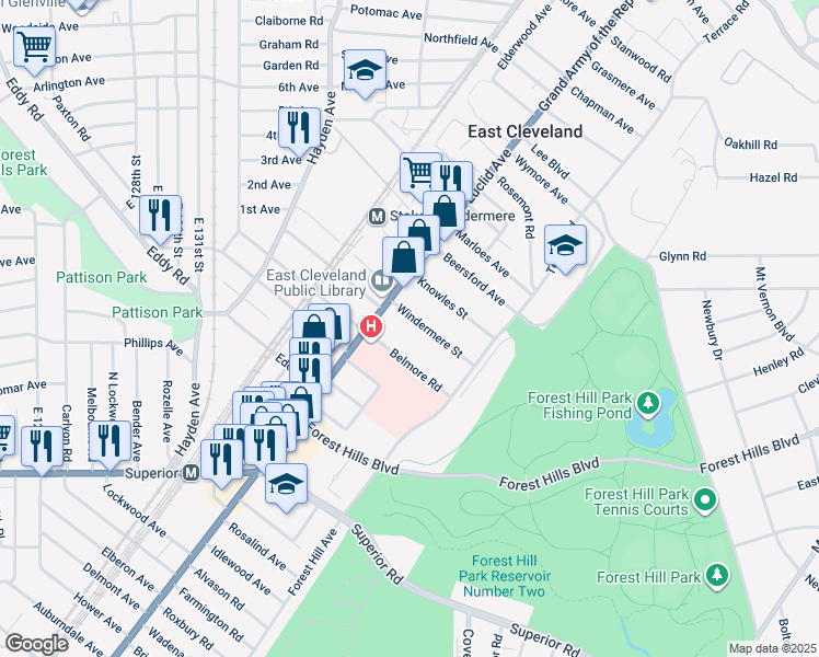 map of restaurants, bars, coffee shops, grocery stores, and more near 1830 Windermere Street in East Cleveland