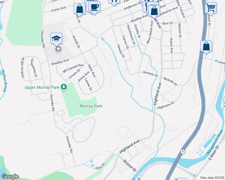 map of restaurants, bars, coffee shops, grocery stores, and more near 168 Lucille Avenue Exd in Waterbury