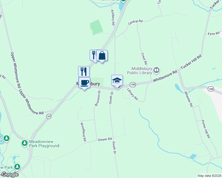 map of restaurants, bars, coffee shops, grocery stores, and more near 1242 Connecticut 188 in Middlebury