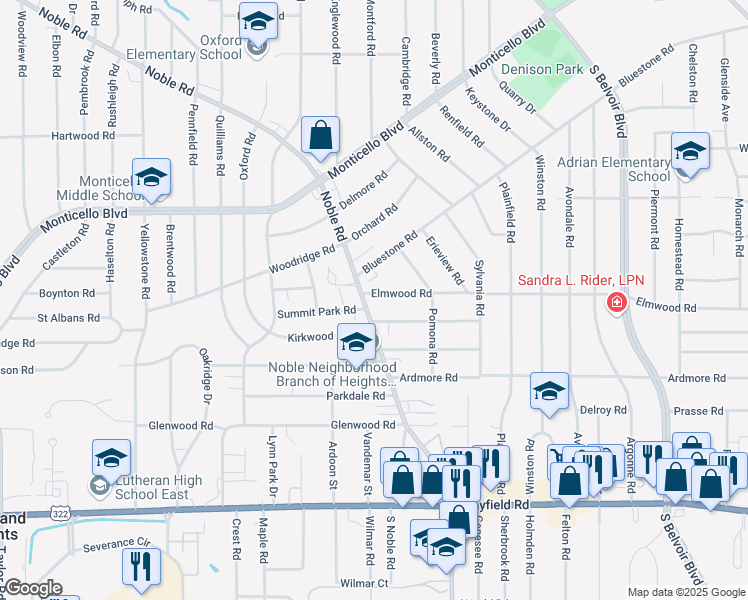map of restaurants, bars, coffee shops, grocery stores, and more near 2715 Noble Road in Cleveland Heights