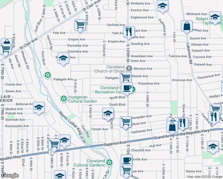 map of restaurants, bars, coffee shops, grocery stores, and more near 10210 Somerset Avenue in Cleveland