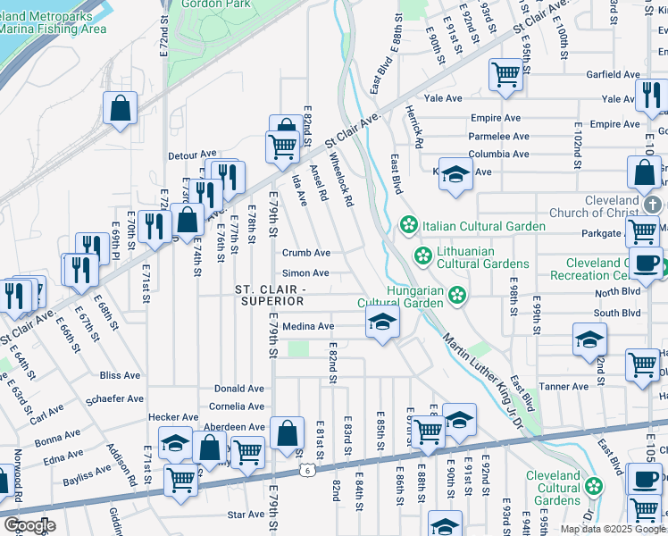 map of restaurants, bars, coffee shops, grocery stores, and more near 977 Ansel Road in Cleveland