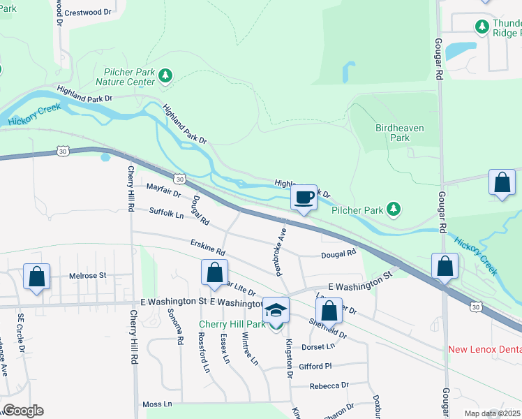 map of restaurants, bars, coffee shops, grocery stores, and more near 2515 East Cass Street in Joliet