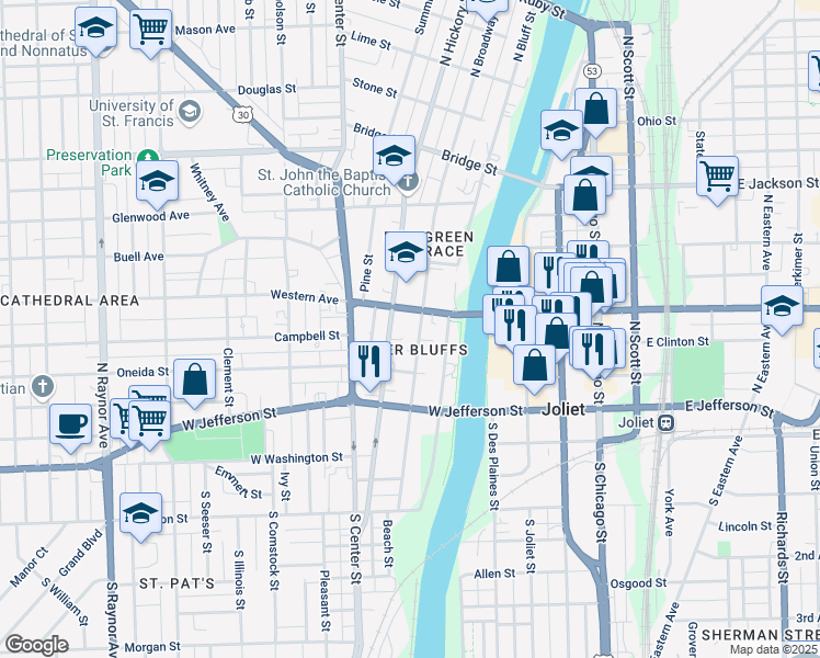 map of restaurants, bars, coffee shops, grocery stores, and more near 221 North Broadway Street in Joliet