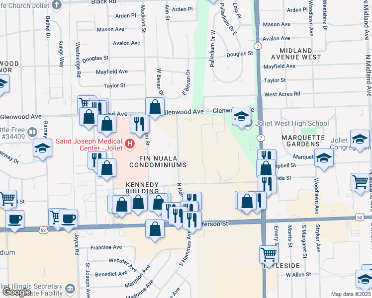 map of restaurants, bars, coffee shops, grocery stores, and more near 222 North Hammes Avenue in Joliet