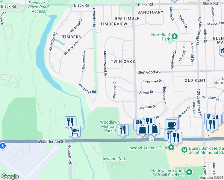 map of restaurants, bars, coffee shops, grocery stores, and more near 212 Meadowwood Drive in Joliet