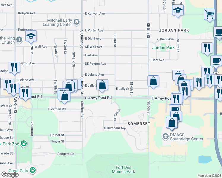 map of restaurants, bars, coffee shops, grocery stores, and more near 237 East Lally Street in Des Moines