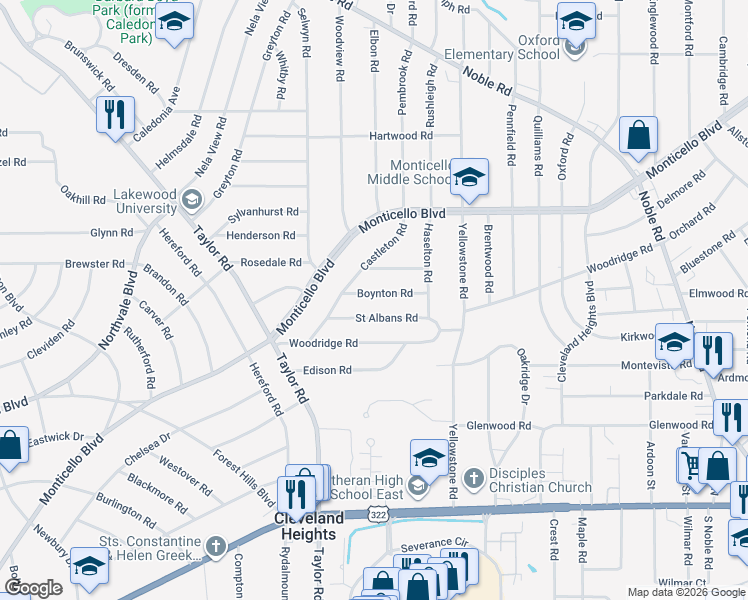 map of restaurants, bars, coffee shops, grocery stores, and more near 3506 Boynton Road in Cleveland Heights
