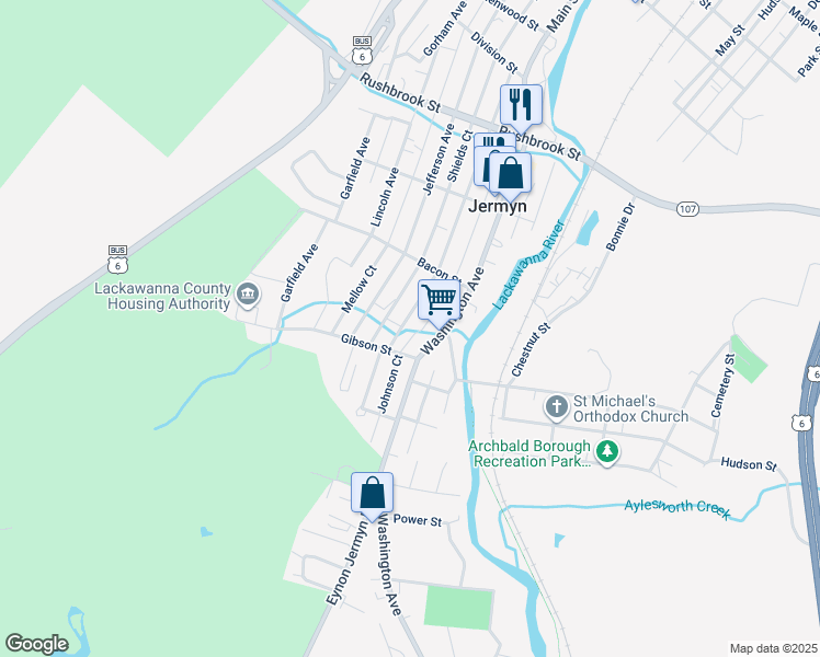 map of restaurants, bars, coffee shops, grocery stores, and more near 424 Madison Avenue in Jermyn