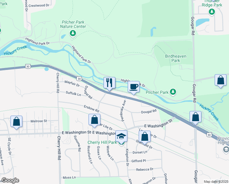 map of restaurants, bars, coffee shops, grocery stores, and more near 2513 East Cass Street in Joliet