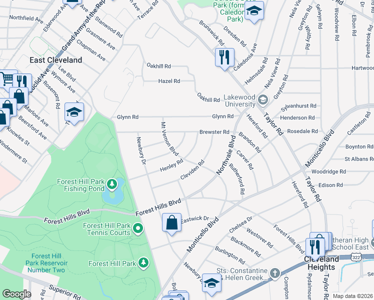 map of restaurants, bars, coffee shops, grocery stores, and more near 2157 Mount Vernon Boulevard in East Cleveland