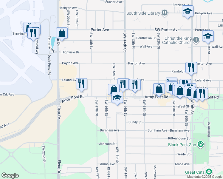 map of restaurants, bars, coffee shops, grocery stores, and more near 1601 Army Post Road in Des Moines