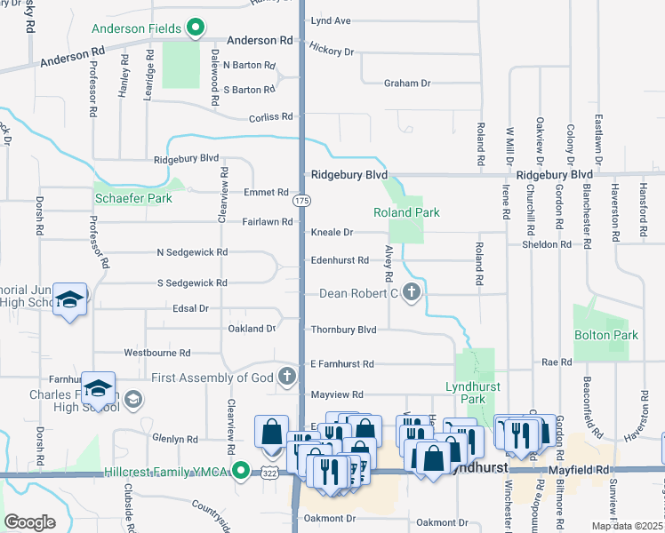 map of restaurants, bars, coffee shops, grocery stores, and more near 5128 Edenhurst Road in Lyndhurst
