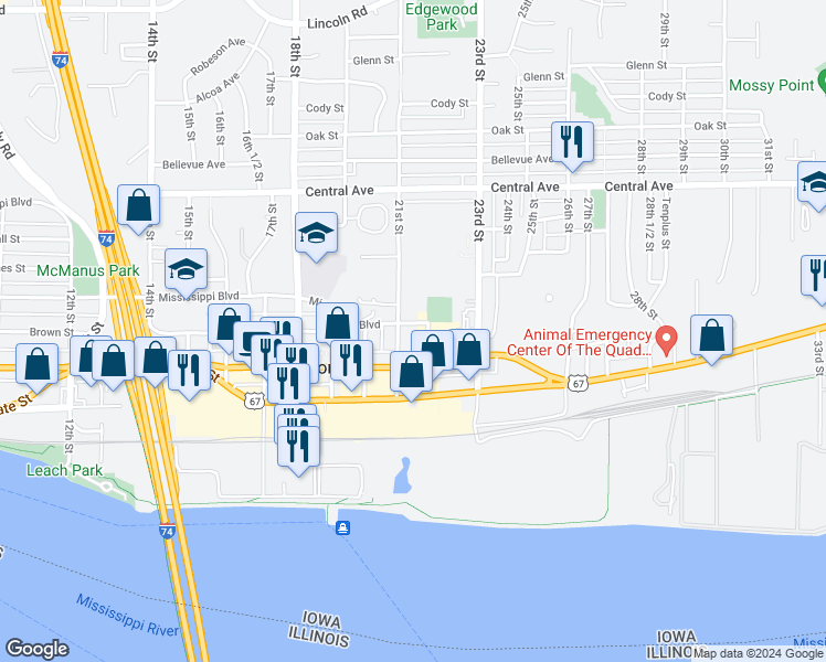 map of restaurants, bars, coffee shops, grocery stores, and more near 2123 Mississippi Boulevard in Bettendorf
