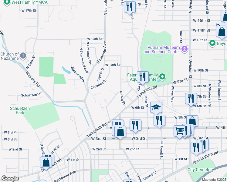 map of restaurants, bars, coffee shops, grocery stores, and more near 815 Siegfriedt in Davenport