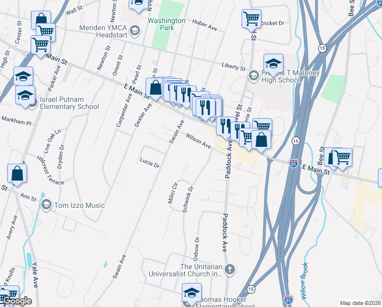 map of restaurants, bars, coffee shops, grocery stores, and more near 50 Harkins Lane in Meriden