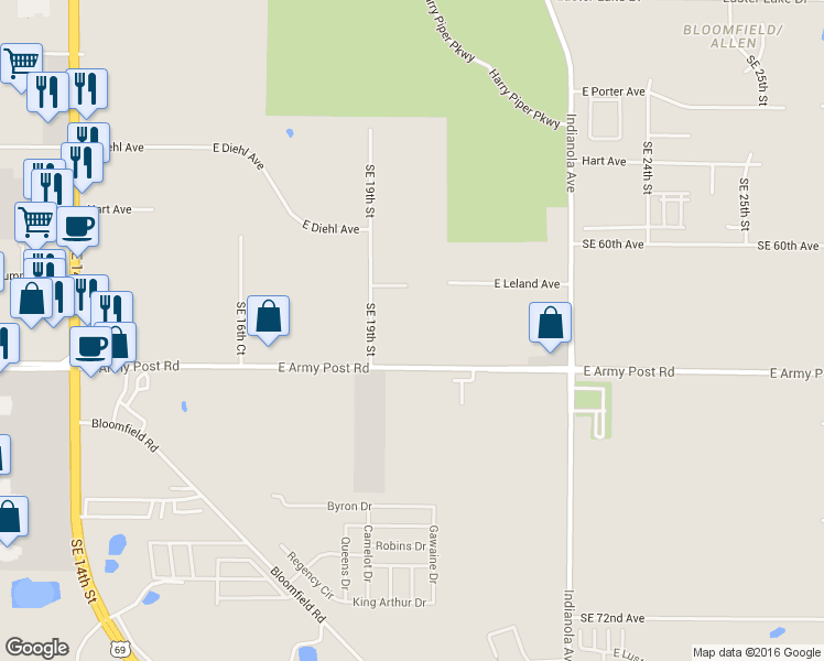 map of restaurants, bars, coffee shops, grocery stores, and more near 1960 East Army Post Road in Des Moines