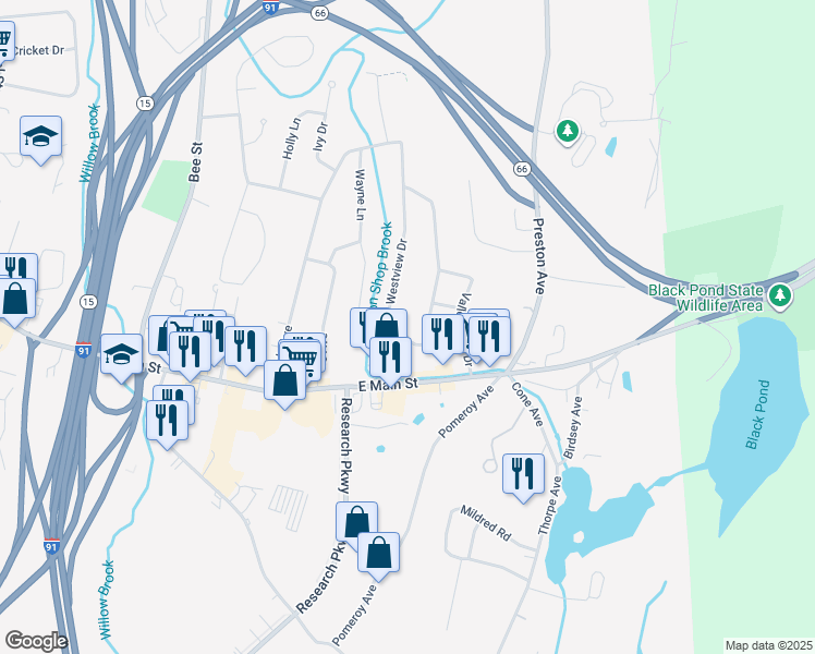 map of restaurants, bars, coffee shops, grocery stores, and more near 220 Westview Drive in Meriden