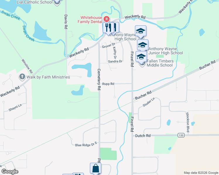 map of restaurants, bars, coffee shops, grocery stores, and more near 10127 Rupp Rd in Whitehouse