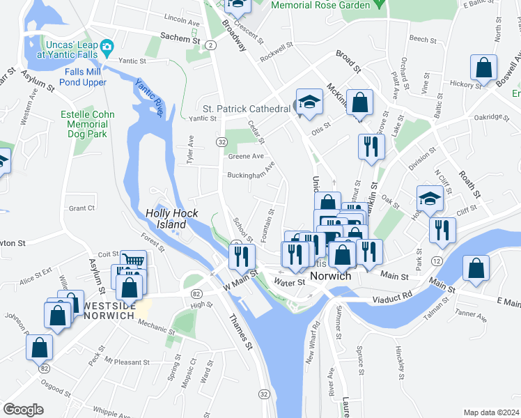 map of restaurants, bars, coffee shops, grocery stores, and more near 41 John Street in Norwich