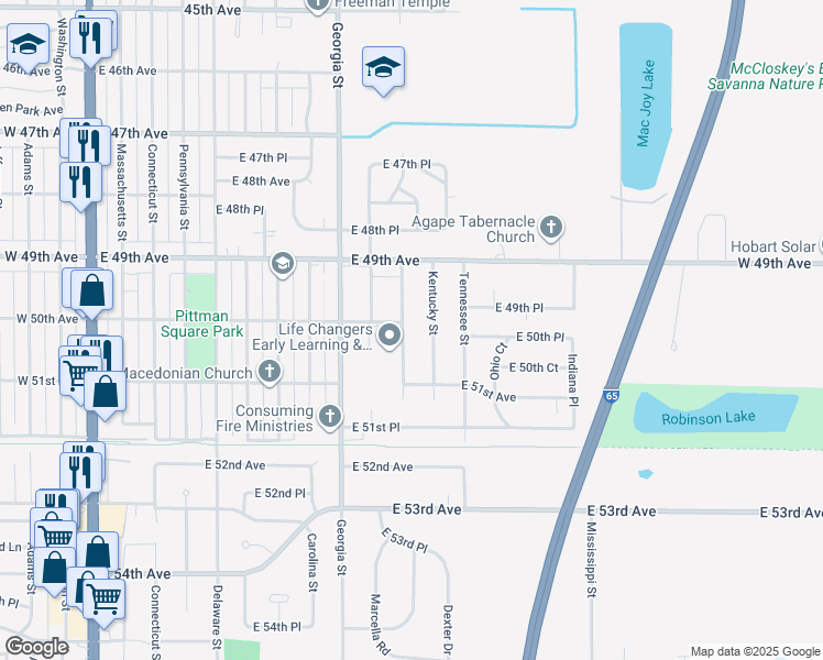 map of restaurants, bars, coffee shops, grocery stores, and more near 5050 Vermont Street in Gary