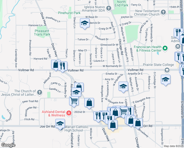 map of restaurants, bars, coffee shops, grocery stores, and more near 333 Dixie Highway in Chicago Heights