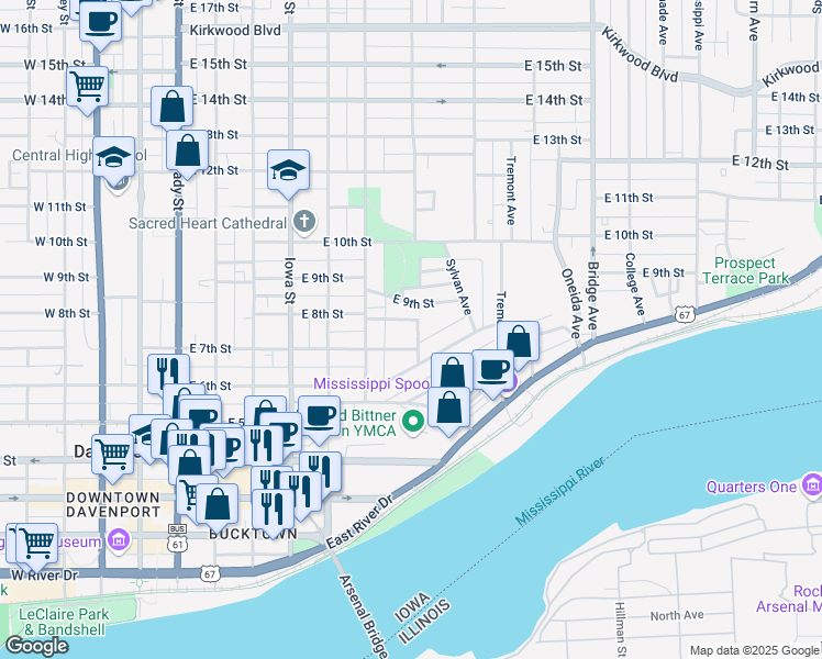 map of restaurants, bars, coffee shops, grocery stores, and more near 714 Grand Avenue in Davenport