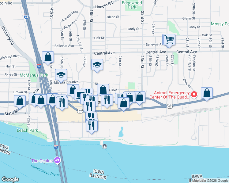 map of restaurants, bars, coffee shops, grocery stores, and more near 2011 Mississippi Boulevard in Bettendorf